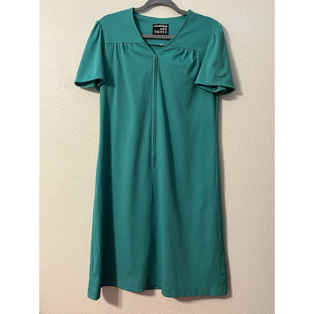 Vintage Hot Ticket‎ House Coat Moo moo Zip Up Back Flap Teal Green M/L
